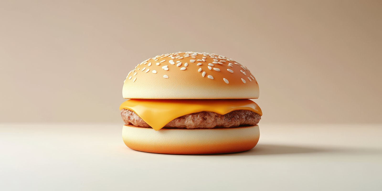 Cheeseburger with sesame seed bun and melted cheese on a light background